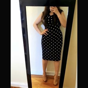 Dark Navy and Nude Cowel Neck Polka Dot Dress